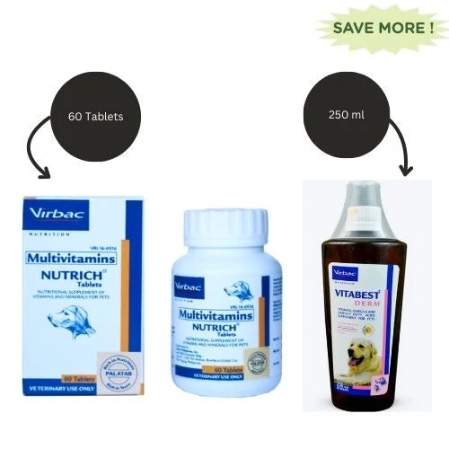 Virbac Nutrich Multi Vitamin Tablets and Virbac Vitabest Derm Omega 3+6 Syrup for Dogs and Cats (250ml) Combo