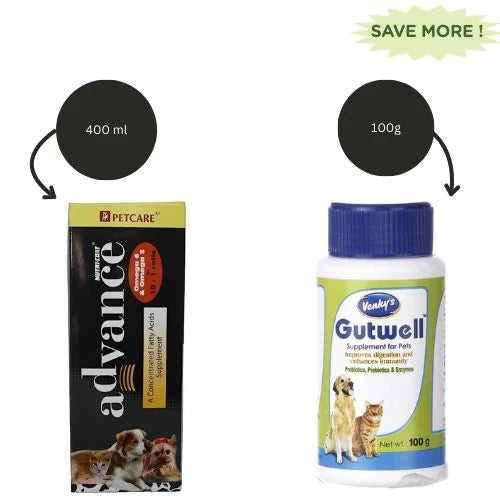 Petcare Nutricoat Advance Omega 3 + 6 Syrup and Venkys Gutwell Pre & Probiotics Gut Health Powder for Dogs and Cats Combo
