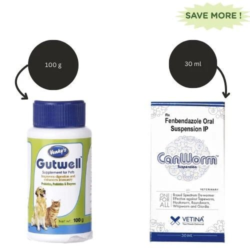 Vetina Canworm (Fenbendazole) Pet Deworming Suspension (30ml) and Venkys Gutwell Pre & Probiotics Gut Health Powder (!00g) for Dogs and Cats Combo