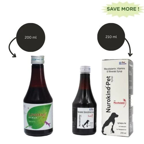 Mankind Nurokind Pet Syrup Multi Vitamin Supplement (210ml) and Intas Livotas Liver Tonic Appetite Booster for Dogs & Cats (200ml) Combo