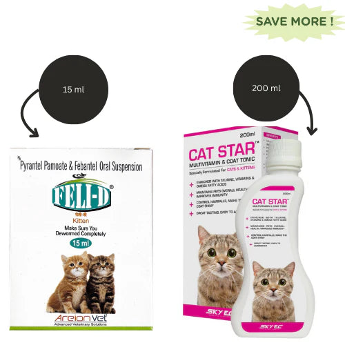 Skyec Cat Star Syrup Multivitamin for Cats (100ml) And Areion Vet Feli D Kitten Deworming Suspension (15ml) Combo