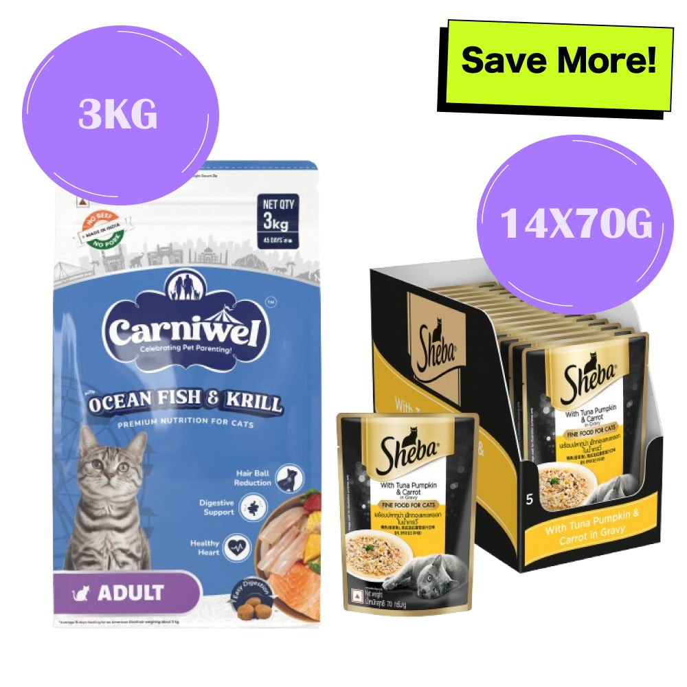 Carniwel Ocean Fish and Krill Dry Food and Sheba Tuna Pumpkin & Carrot In Gravy Rich Premium Adult Cat Wet Food Combo