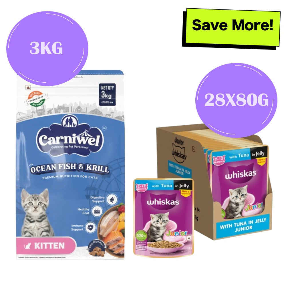 Carniwel Ocean Fish and Krill Dry Food and Whiskas Tuna in Jelly Kitten Cat Wet Food Combo
