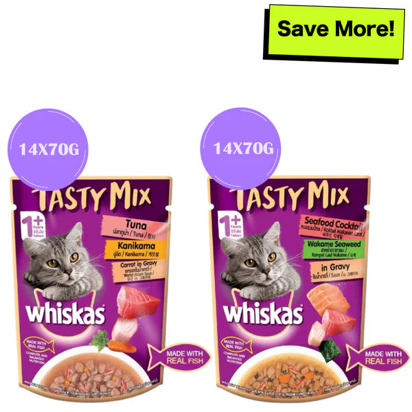 Whiskas Seafood Cocktail With Wakame Seaweed and Tuna with Kanikama & Carrot in Gravy Tasty Mix Adult Cat Wet Food Combo