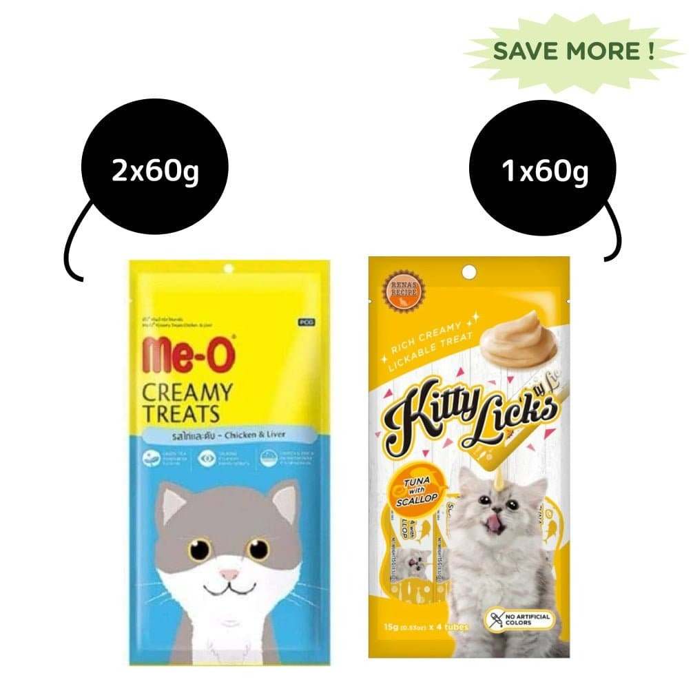 Me O Creamy Chicken & Liver and Kitty Licks Tuna Scallop Cat Treats Combo