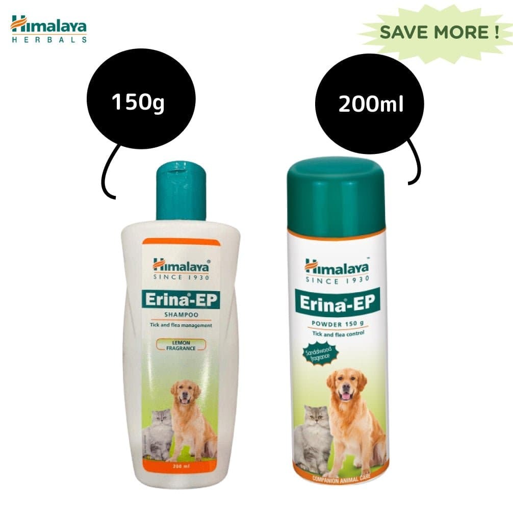 Himalaya Erina EP Tick & Flea Shampoo (Lemon Fragrance) and Tick & Flea Dusting Powder for Dogs and Cats Combo