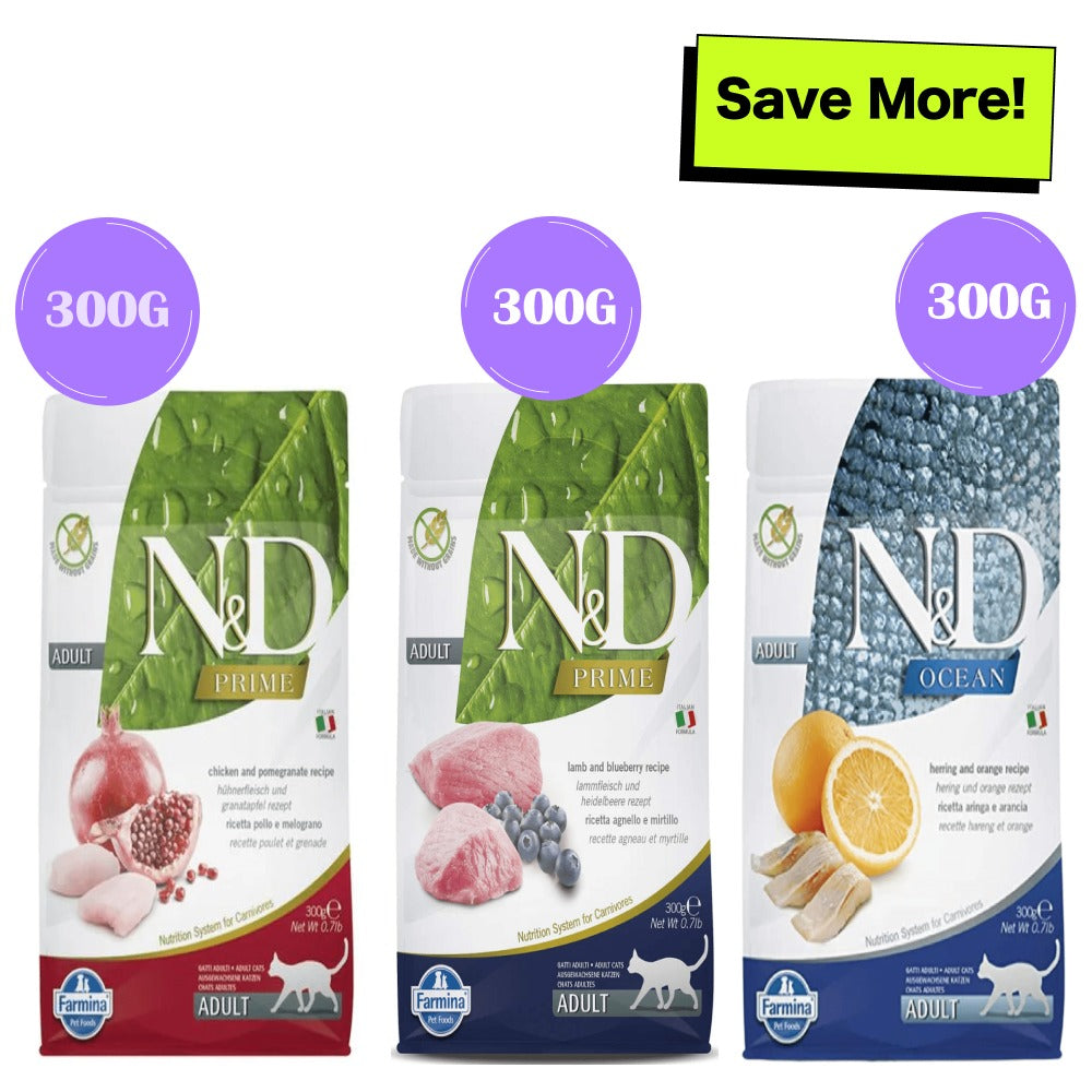 Farmina N&D Prime Chicken & Pomegranate, Lamb & Blueberry and Ocean Herring & Orange Grain Free Adult Cat Dry Food Combo