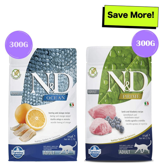 Farmina N&D Prime Lamb & Blueberry and Ocean Herring & Orange Grain Free Adult Cat Dry Food Combo