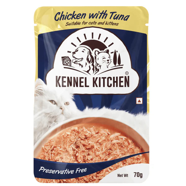 Kennel Kitchen Chicken with Tuna Shreds in Gravy Wet Food and Creameroo Crab with Mackerel Creamy Cat Treats Combo