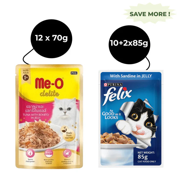 Me O Delite Tuna with Bonito in Jelly and Purina Felix Sardine with Jelly Adult Cat Wet Food Combo (12+12)