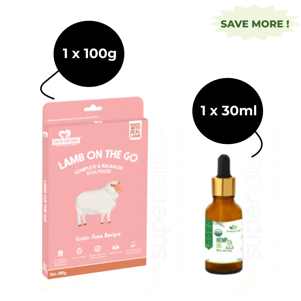 Healing Leaf Hemp Oil for Pets and Fresh For Paws Lamb On The Go Dog Wet Food Combo