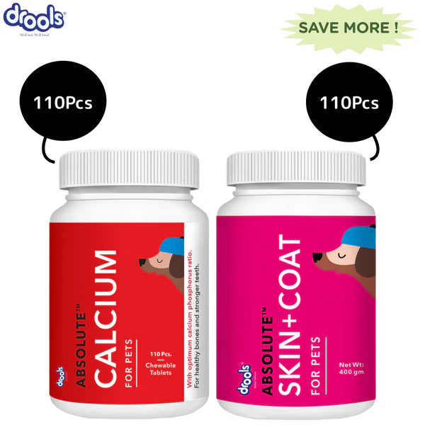 Drools Absolute Skin & Coat and Absolute Calcium Dog Supplement Tablets Combo