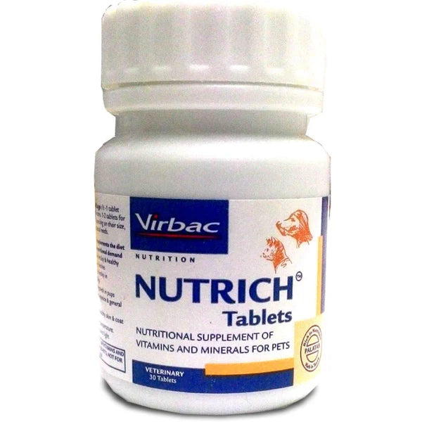 Virbac Nutrich Multi Vitamin Tablets (30 Tablets) and Vitabest Derm Omega 3+6 Syrup (250ml) for Dogs and Cats Combo