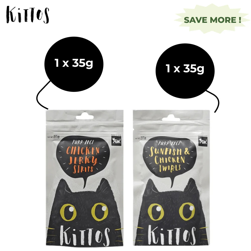 Kittos Purr Fect Sunfish Chicken and Twirls and Chicken Jerky Strips Cat Treats Combo