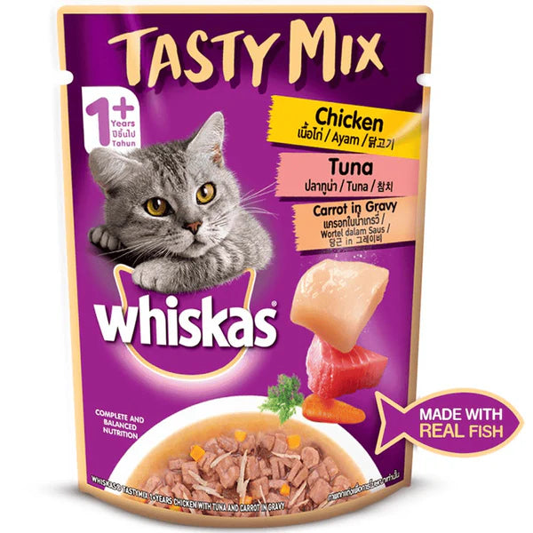 Whiskas Chicken With Tuna & Carrot and Seafood Cocktail Wakame Seaweed in Gravy Tasty Mix Adult Cat Wet Food Combo