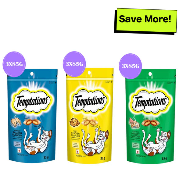 Temptations Tasty Chicken, Savoury Salmon and Seafood Medley Flavour Cat Treats Combo