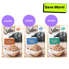 Sheba Fish with Dry Bonito, Maguro & Bream and Fish with Sasami Flake Premium Cat Wet Food Combo