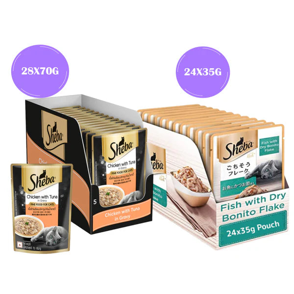 Sheba Chicken With Tuna In Gravy and Fish with Dry Bonito Flake Premium Cat Wet Food Combo