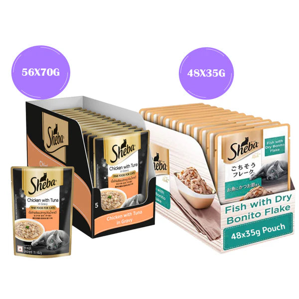 Sheba Chicken With Tuna In Gravy and Fish with Dry Bonito Flake Premium Cat Wet Food Combo