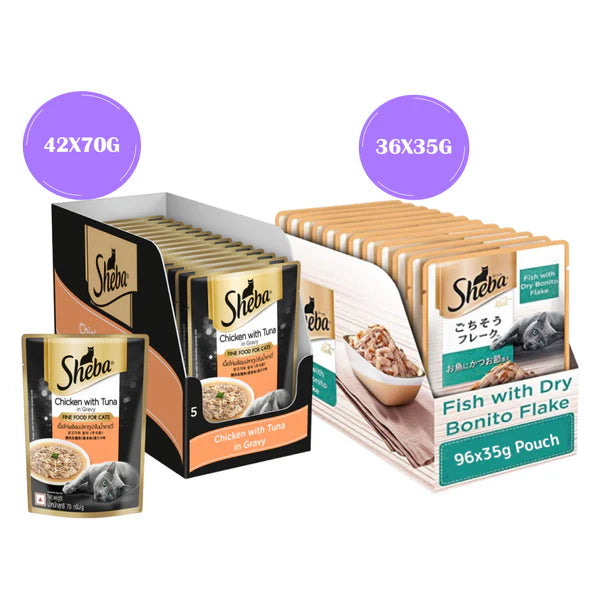 Sheba Chicken With Tuna In Gravy and Fish with Dry Bonito Flake Premium Cat Wet Food Combo