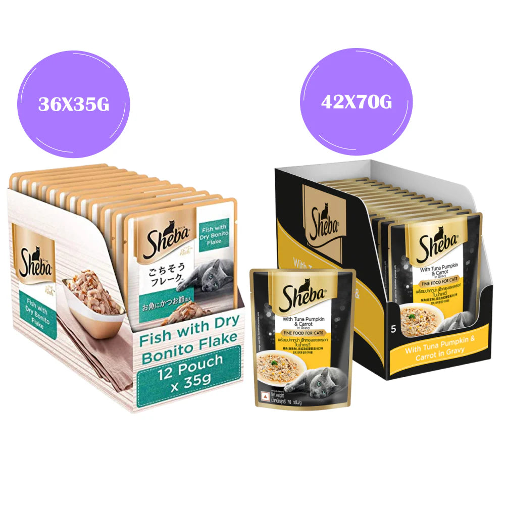 Sheba Fish with Dry Bonito Flake and Tuna Pumpkin & Carrot In Gravy Rich Premium Adult Fine Cat Wet Food Combo