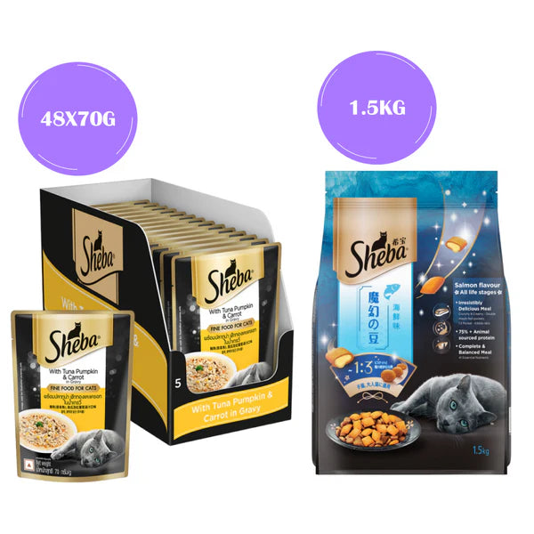 Sheba Tuna Pumpkin & Carrot In Gravy Rich Premium Adult Fine Cat Wet Food and Salmon Flavour Irresistible All Life Stages Cat Dry Food Combo