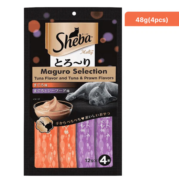 Sheba Tuna Flavor and Tuna & Prawn Maguro Selection Melty Premium Treat and Skipjack & Salmon Fish Mix Cat Wet Food Combo