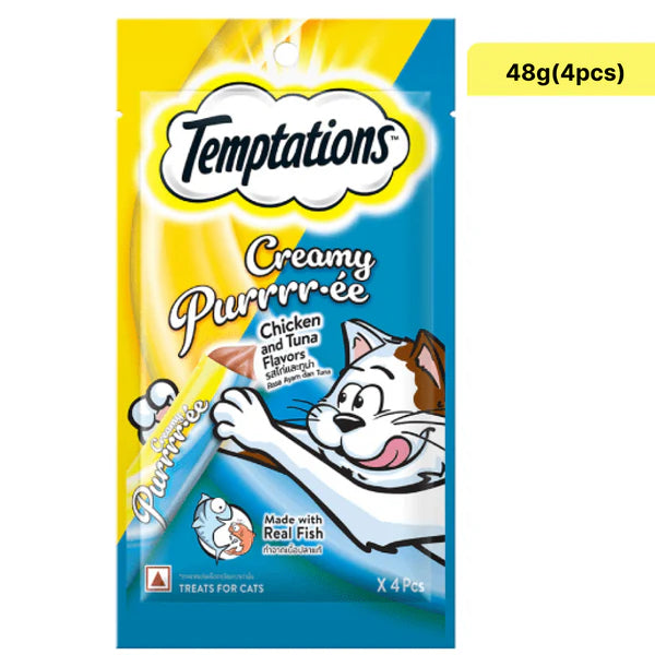 Temptations Seafood Medley Flavour, Tasty Chicken Flavour and Creamy Purrrr ee Chicken & Tuna Cat Treats Combo