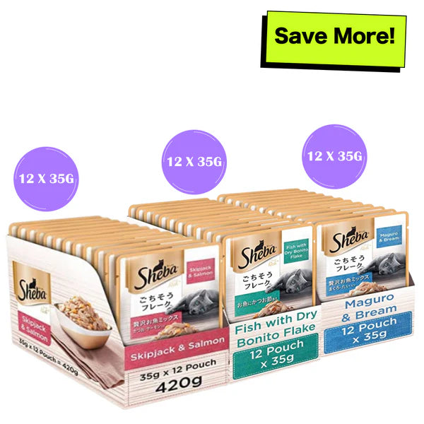 Sheba Skipjack & Salmon, Dry Bonito Flake and Maguro & Bream Fish Mix Premium Cat Wet Food Combo