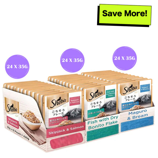 Sheba Skipjack & Salmon, Dry Bonito Flake and Maguro & Bream Fish Mix Premium Cat Wet Food Combo