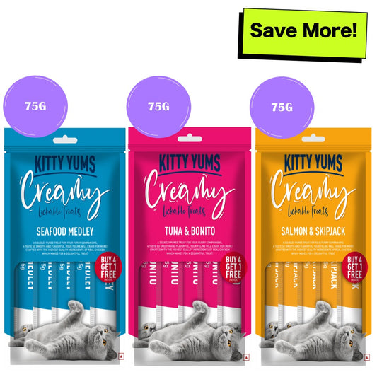 Kitty Yums Seafood Medley, Tuna & Bonito and Salmon & Skipjack Creamy Cat Treats Combo