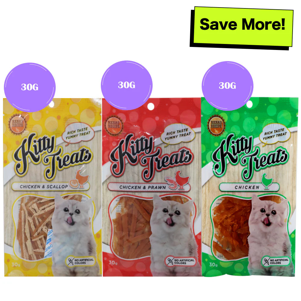 Kitty Treats Chicken with Scallop, Chicken with Shrimp Flavour and Soft Chicken Jerky Sliced Cat Treats Combo