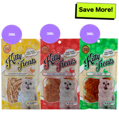 Kitty Treats Chicken with Scallop, Chicken with Shrimp Flavour and Soft Chicken Jerky Sliced Cat Treats Combo