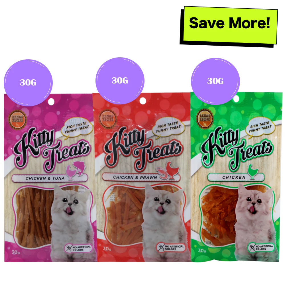 Kitty Treats Soft Chicken and Tuna, Chicken with Shrimp Flavour and Soft Chicken Jerky Sliced Cat Treats Combo