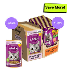 Whiskas Salmon in Gravy Meal and Chicken With Salmon Wakame Seaweed in Gravy Tasty Mix Adult Cat Wet Food Combo