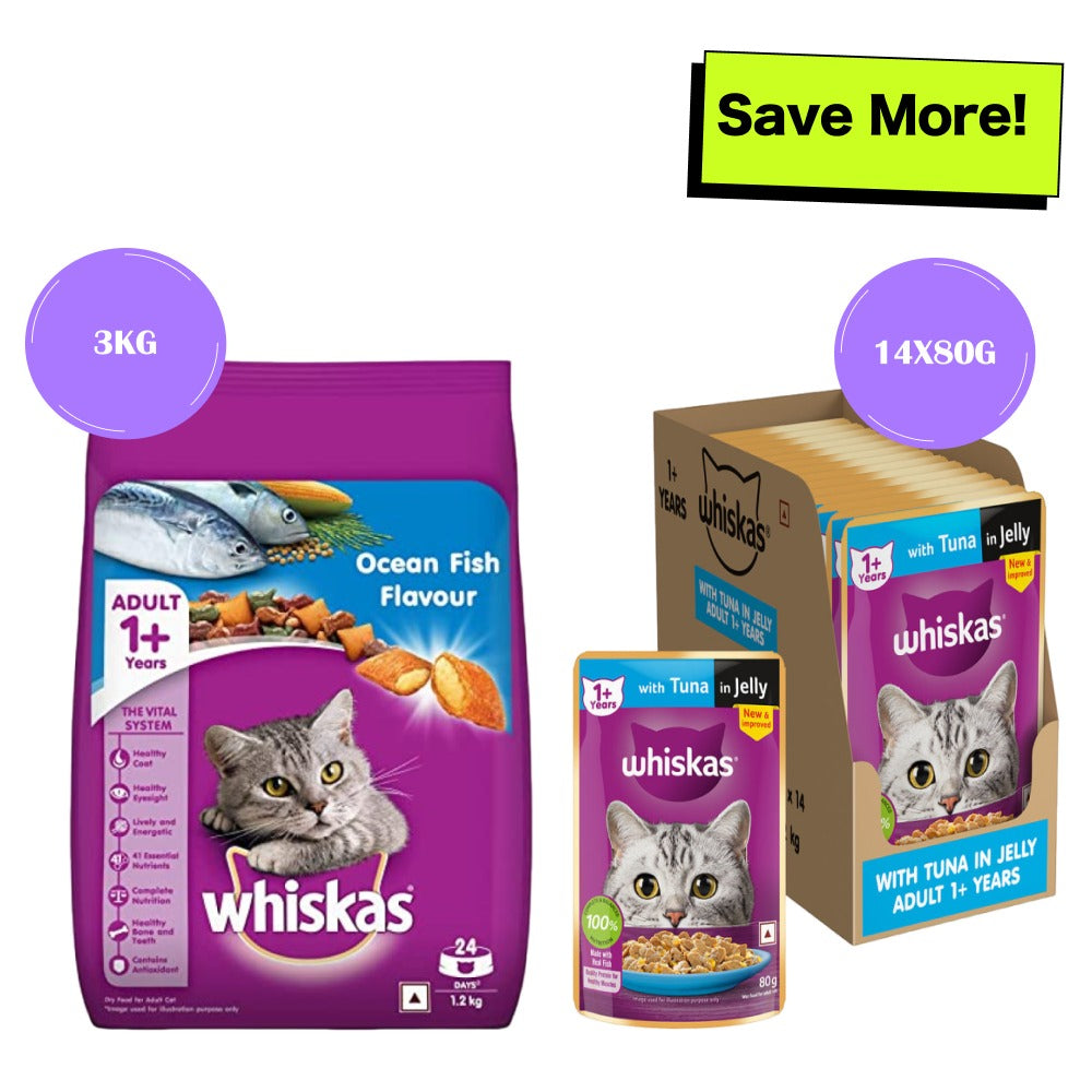 Whiskas Ocean Fish and Tuna in Jelly Meal Adult Cat Wet and Dry Food Combo