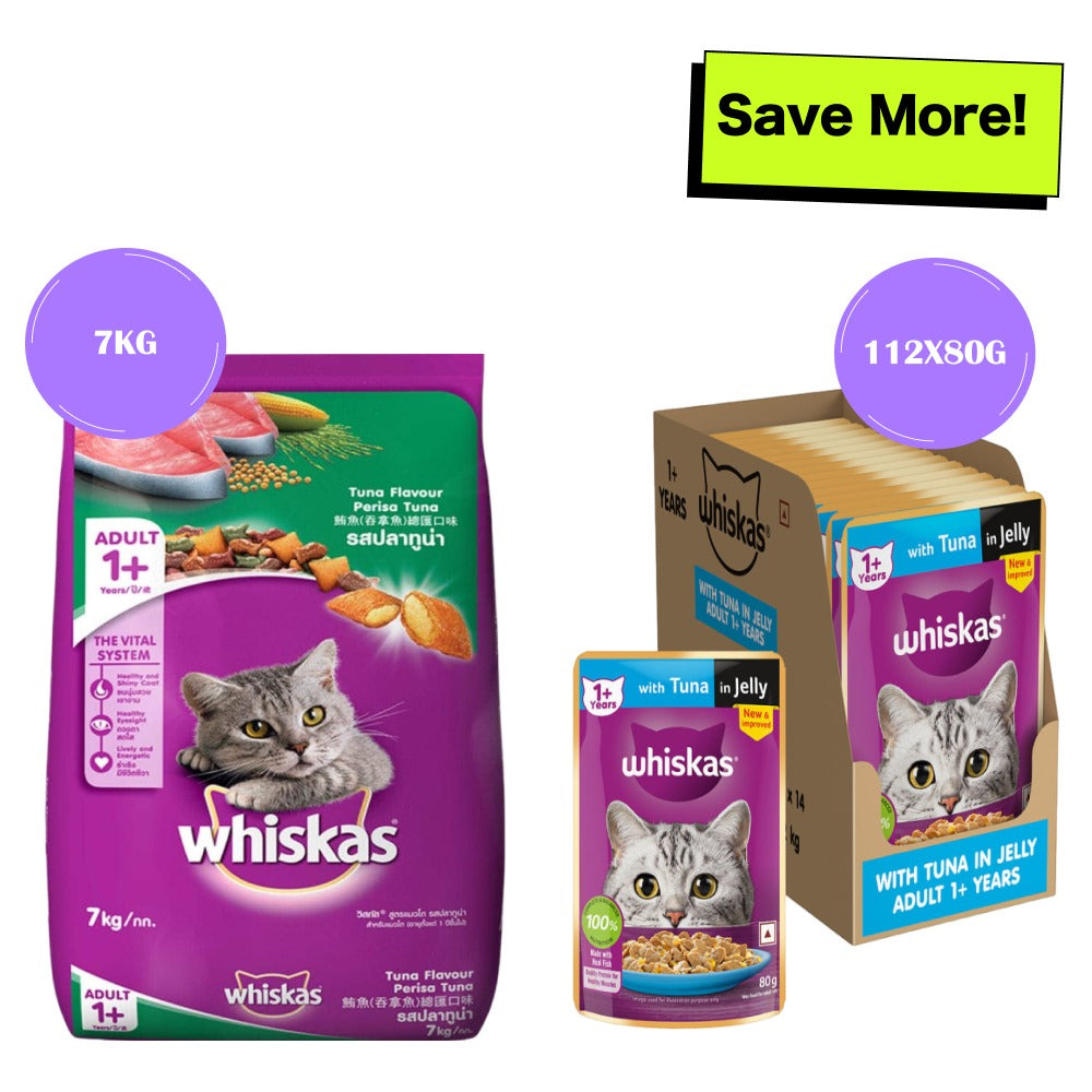 Whiskas Tuna in Jelly Meal Adult Cat Wet Food and Tuna Flavour Adult Cat Dry Food Combo