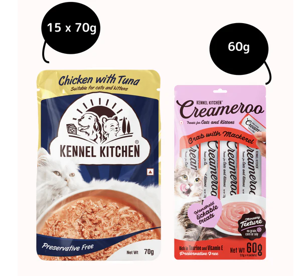 Kennel Kitchen Chicken with Tuna Shreds in Gravy Wet Food and Creameroo Crab with Mackerel Creamy Cat Treats Combo