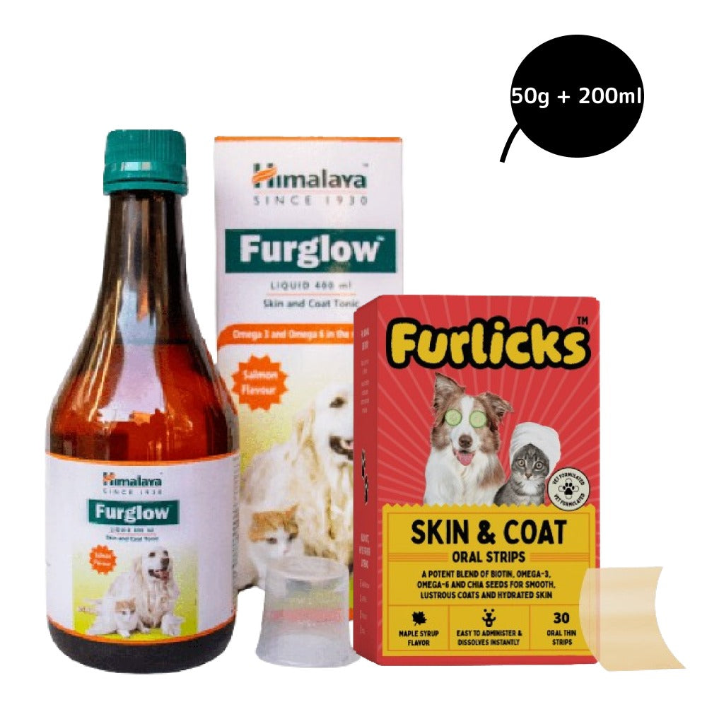 Furlicks Skin & Coat Supplement and Himalaya Furglow Skin and Coat Tonic Combo for Dogs and Cats