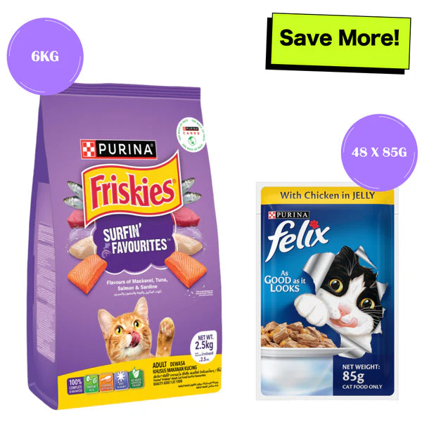 Friskies Surfin Cat Dry Food and Purina Felix Chicken with Jelly Adult Cat Wet Food Combo