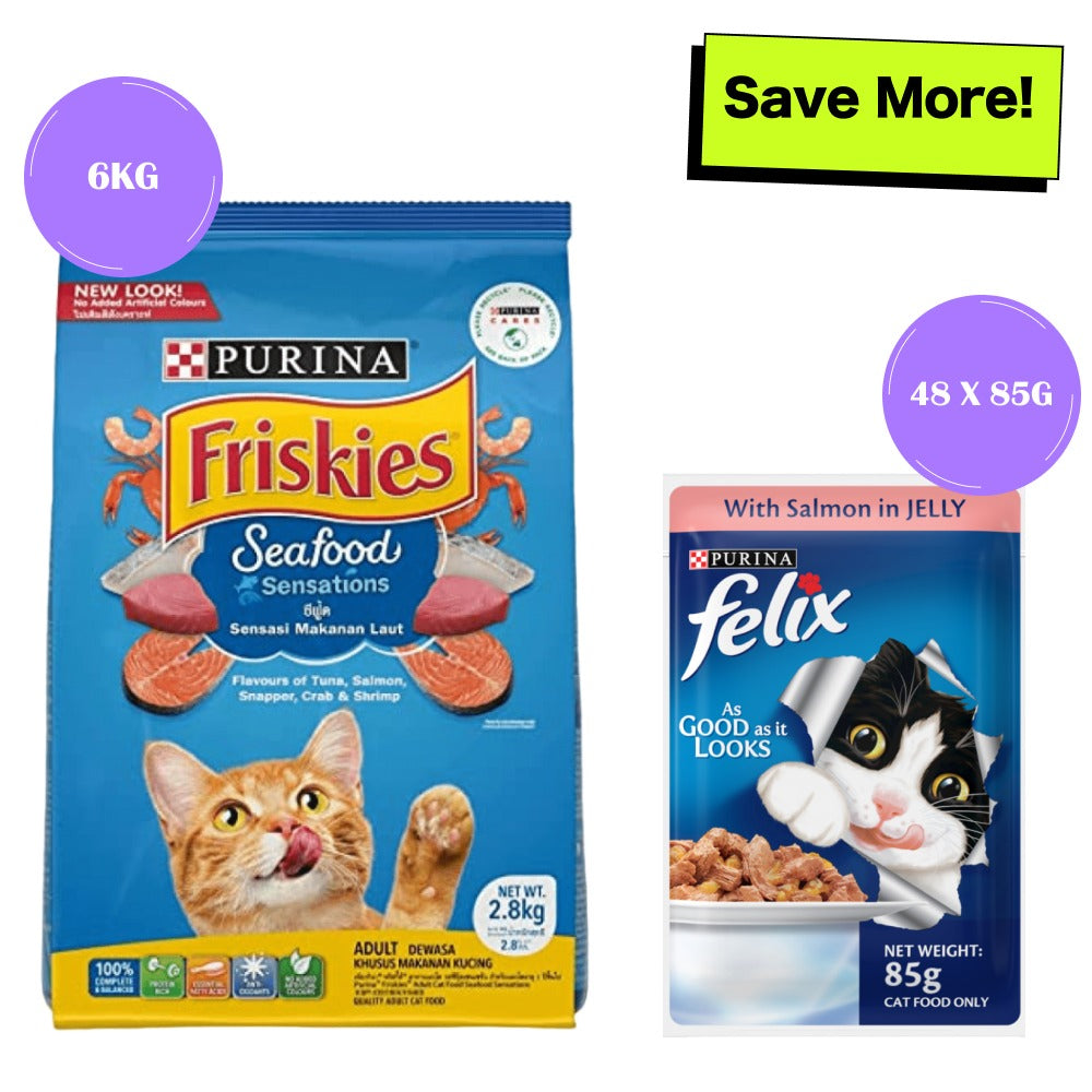 Friskies Seafood Cat Dry Food and Purina Felix Salmon with Jelly Adult Cat Wet Food Combo