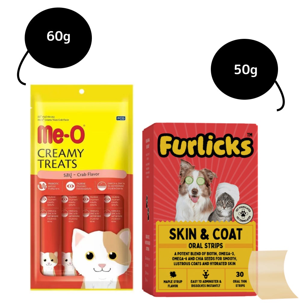 Me O Creamy Crab Treats and Furlicks Skin & Coat Supplement Combo for Cats