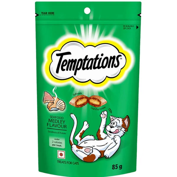 Temptations Seafood Medley Flavour, Tasty Chicken Flavour and Creamy Purrrr ee Chicken & Tuna Cat Treats Combo