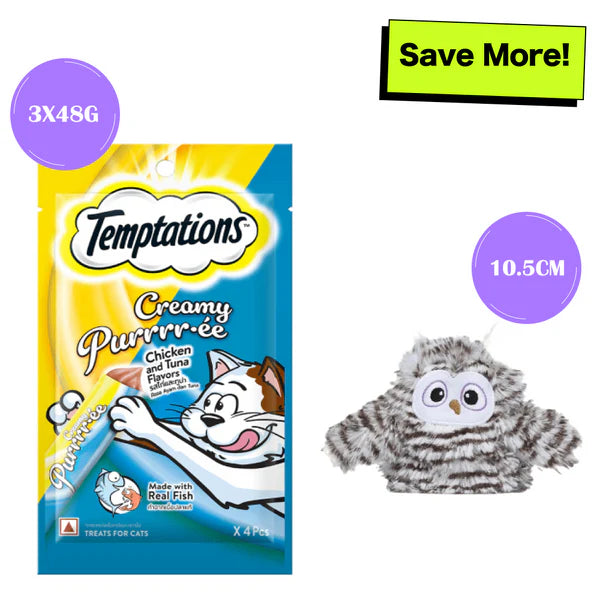 Temptations Creamy Purrrr ee Chicken & Tuna Treats and Fofos Flapping Owl Chirping Interactive Toy for Cats Combo