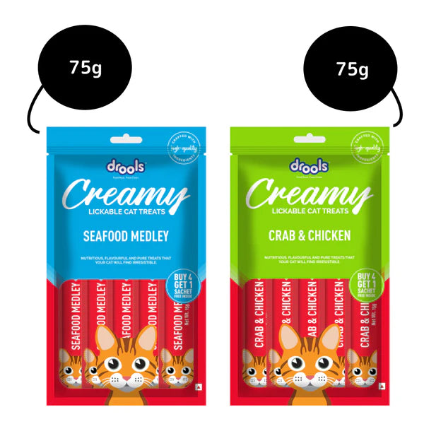 Drools Seafood Medley and Crab & Chicken Creamy Cat Treats Combo