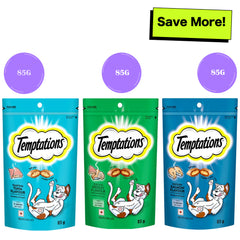 Temptations Savoury Salmon, Seafood Medley and Tempting Tuna Flavour Cat Treats Combo