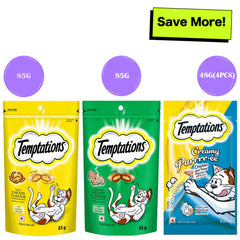 Temptations Seafood Medley Flavour, Tasty Chicken Flavour and Creamy Purrrr ee Chicken & Tuna Cat Treats Combo