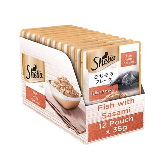 Sheba Fish with Dry Bonito Flake, Skipjack & Salmon Fish, Maguro & Bream Fish Mix and Fish with Sasami Cat Wet Food Combo