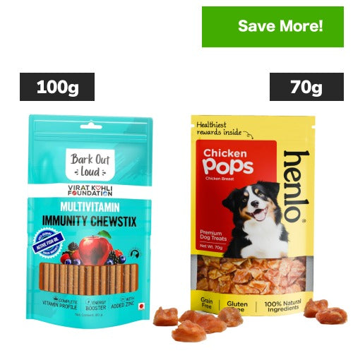 Bark Out Loud Immunity Multi Vitamin Chew Stix and Henlo Chicken Pops Dog Treats Combo