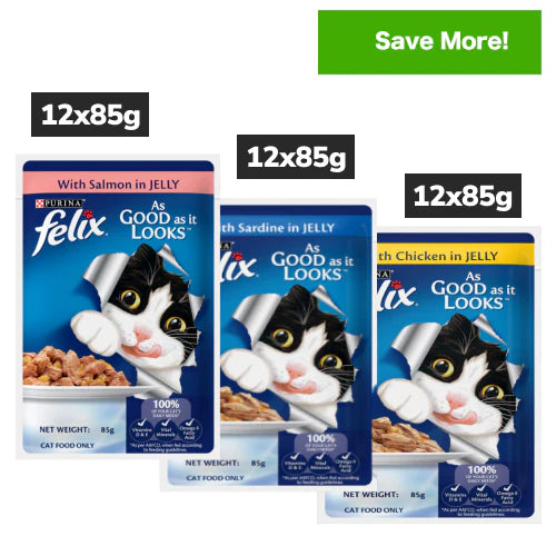 Purina Felix Sardine, Chicken and Salmon with Jelly Complete and Balanced Adult Cat Wet Food Combo
